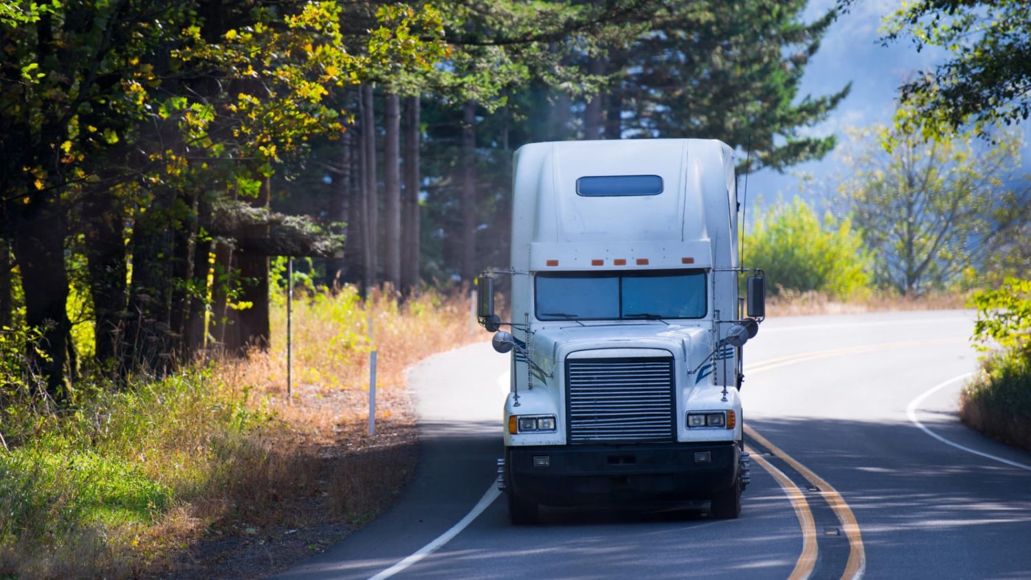 A white semi truck driving down a rural road.