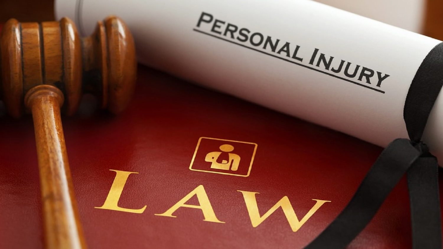 A red book labeled "LAW" with a gavel resting on it and a rolled document labeled "PERSONAL INJURY."
