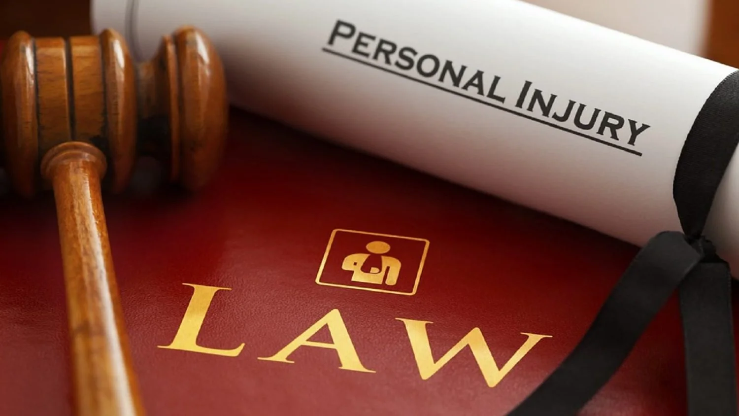A red book labeled "LAW" with a gavel resting on it and a rolled document labeled "PERSONAL INJURY."