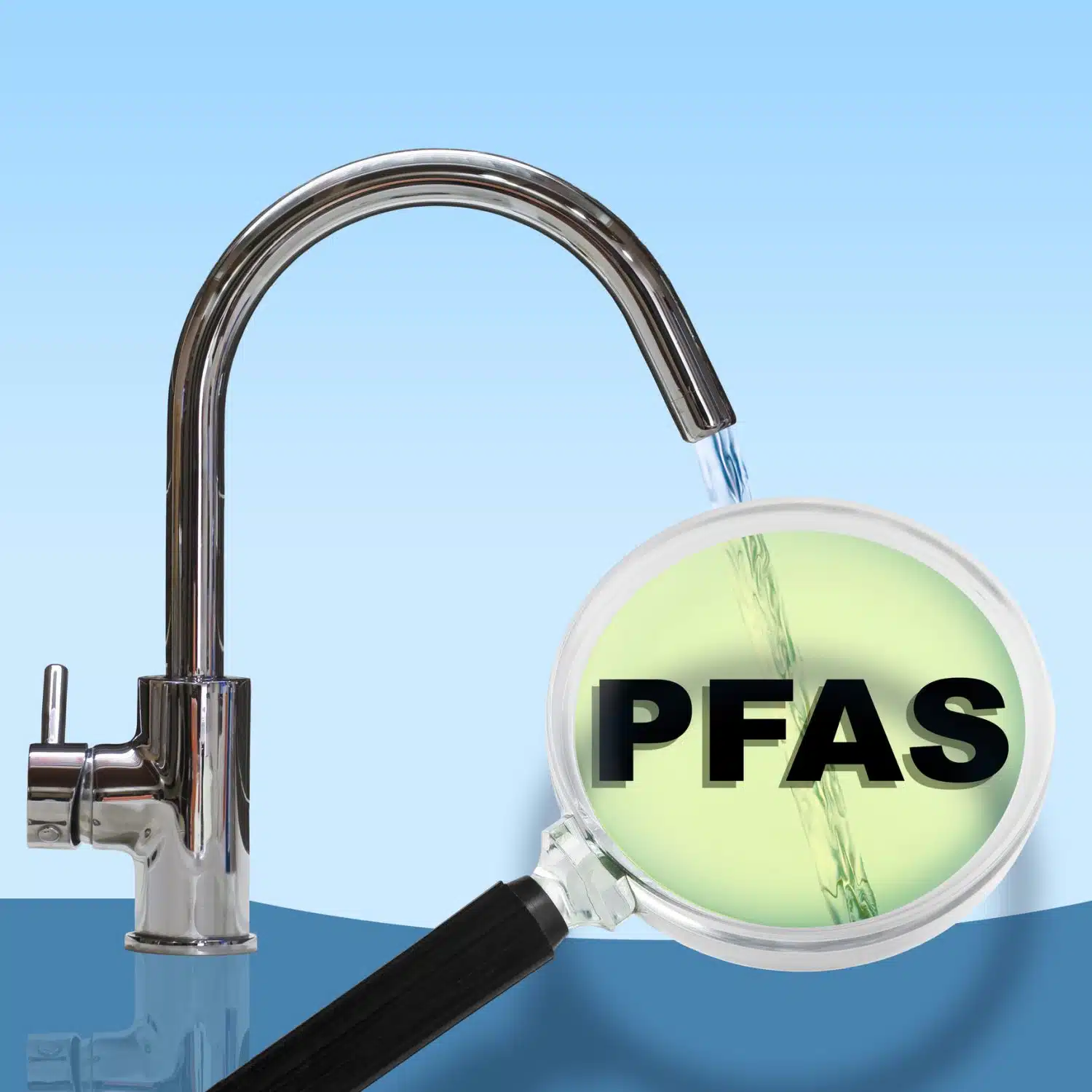 A magnifying glass inspecting Boston water coming from a faucet for PFAS.