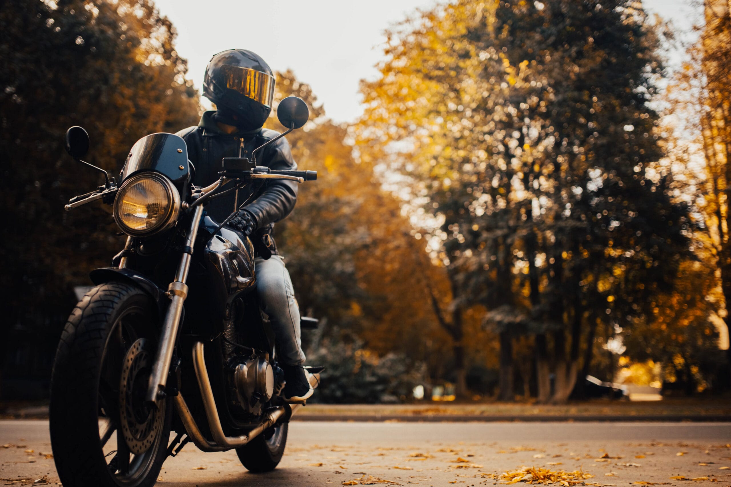 A helmeted person in all black sitting atop a motorcycle. Trees can be seen in the background.