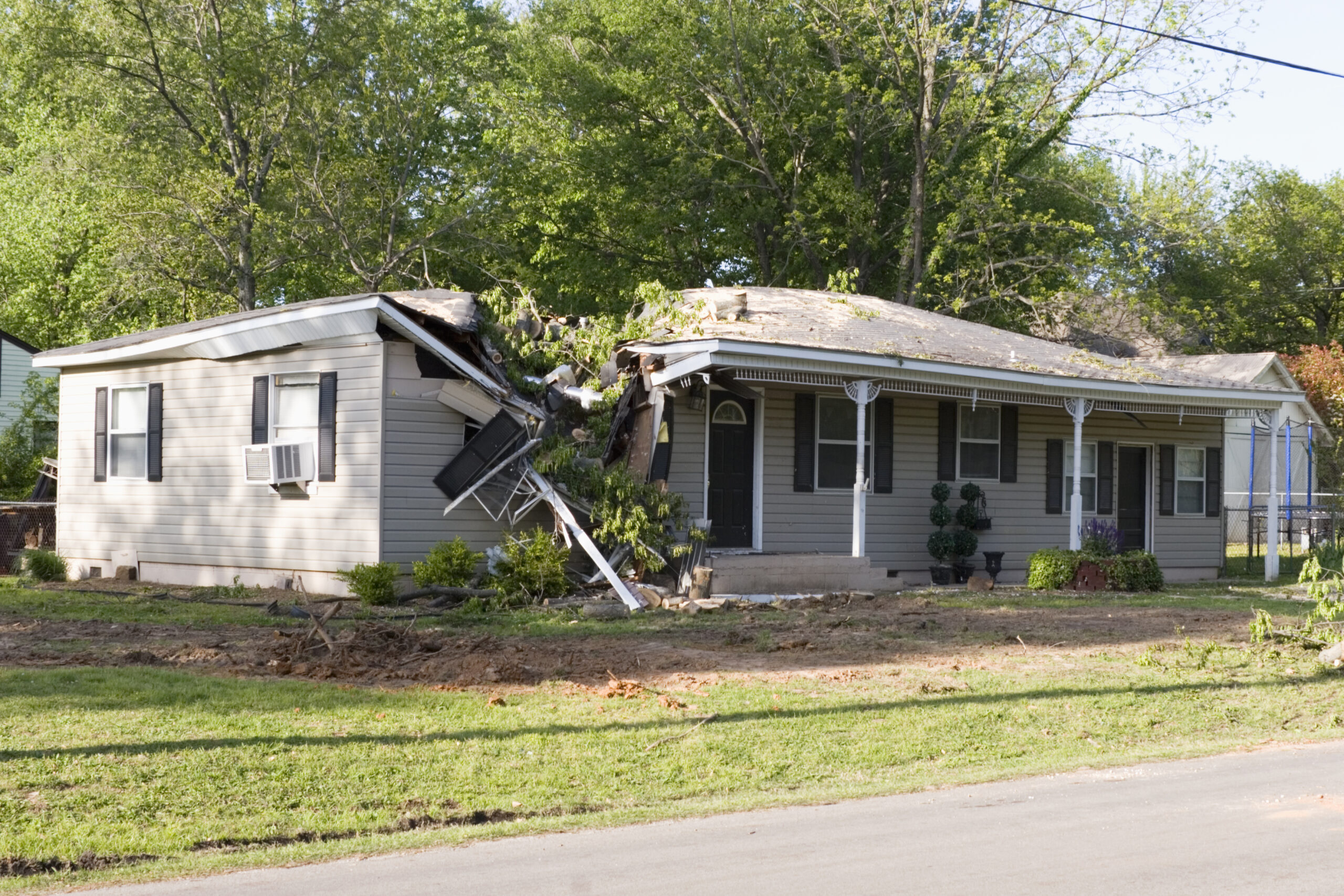 A home with severe storm damage.